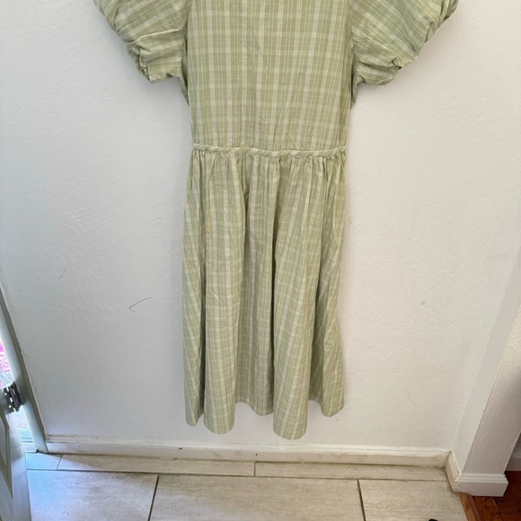 MADEWELL Green Cream Plaid Gingham Tie Waist Midi Dress Puff Sleeve V Neck M - Picture 5 of 11